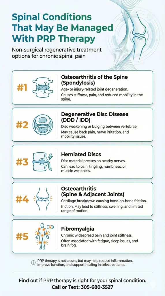 Infographic listing 5 spinal conditions managed by PRP therapy: Osteoarthritis of the spine, Degenerative Disc Disease, Herniated Discs, General Osteoarthritis, and Fibromyalgia. Features contact details for Dr. Carter at 305-680-3527.