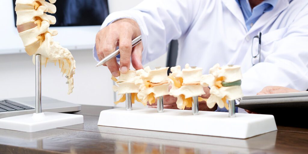 A doctor sitting at a desk, touching a model of disks, for a blog post about degenerative disk disease from the Spine and Sports Doctor's website.
