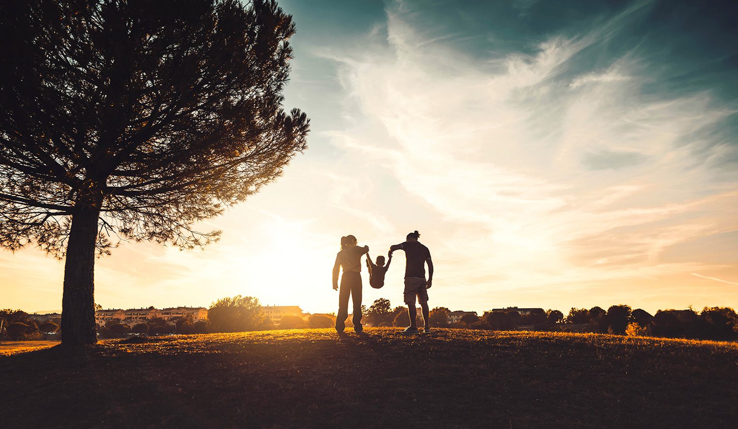 Two people standing in a field holding hands.