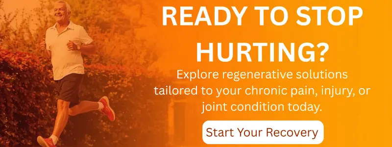 Call to action banner for regenerative medicine assessment: Ready to Stop Hurting? Start Your Recovery button.