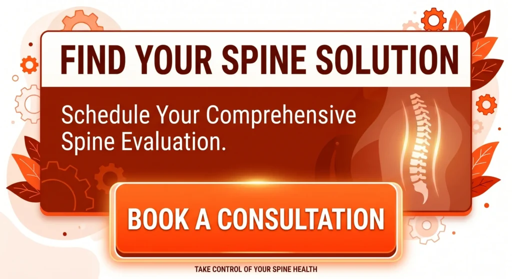 A professional call-to-action graphic for a spine specialist evaluation featuring a spine illustration and a prominent "Book a Consultation" button in orange and burnt red.